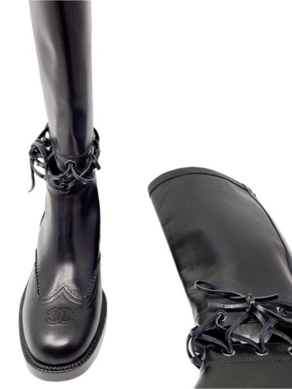CHANEL Black Leather Knee High Lace Detail riding Boot Runway Fall 2016 - Picture 2 of 14